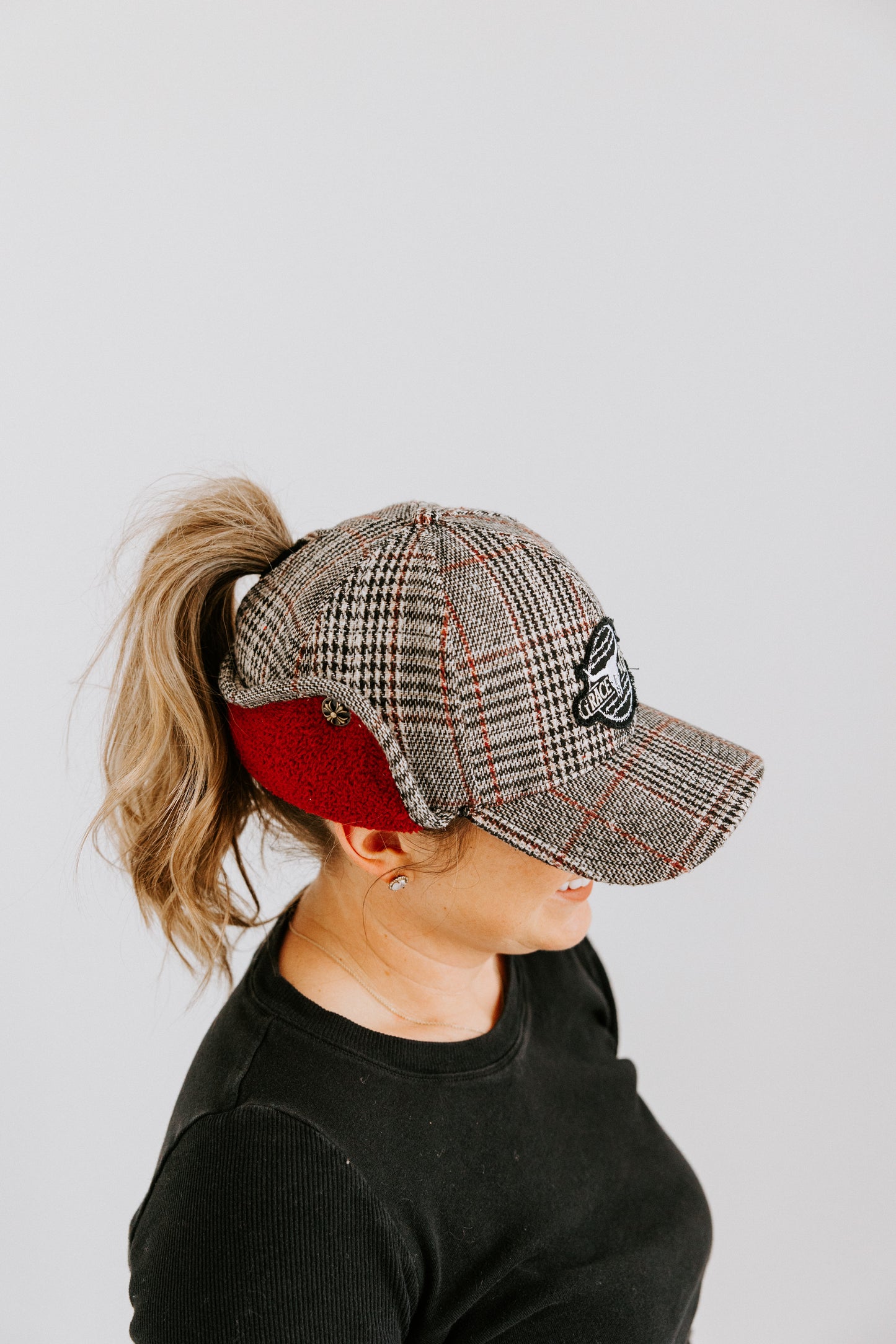Scarlet Plaid Trapper Hat with Pony-Tail Opening - PRE-ORDER