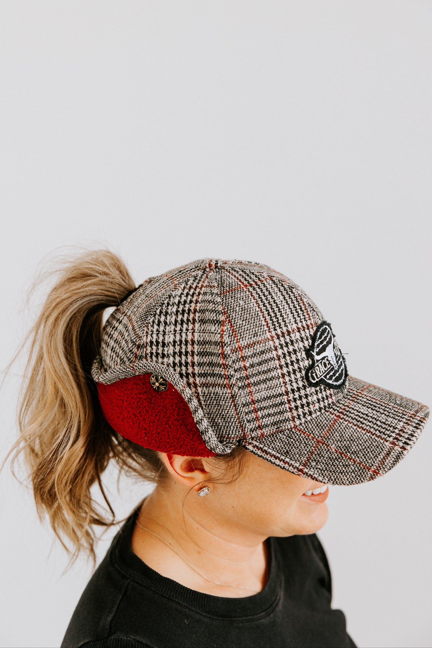 Scarlet Plaid Trapper Hat with Pony-Tail Opening