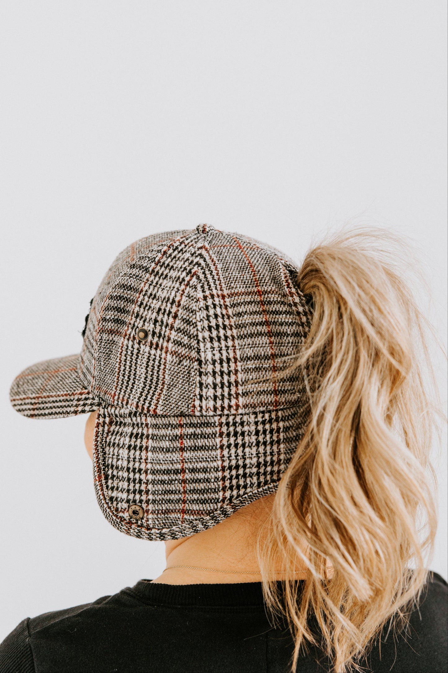 Scarlet Plaid Trapper Hat with Pony-Tail Opening - PRE-ORDER