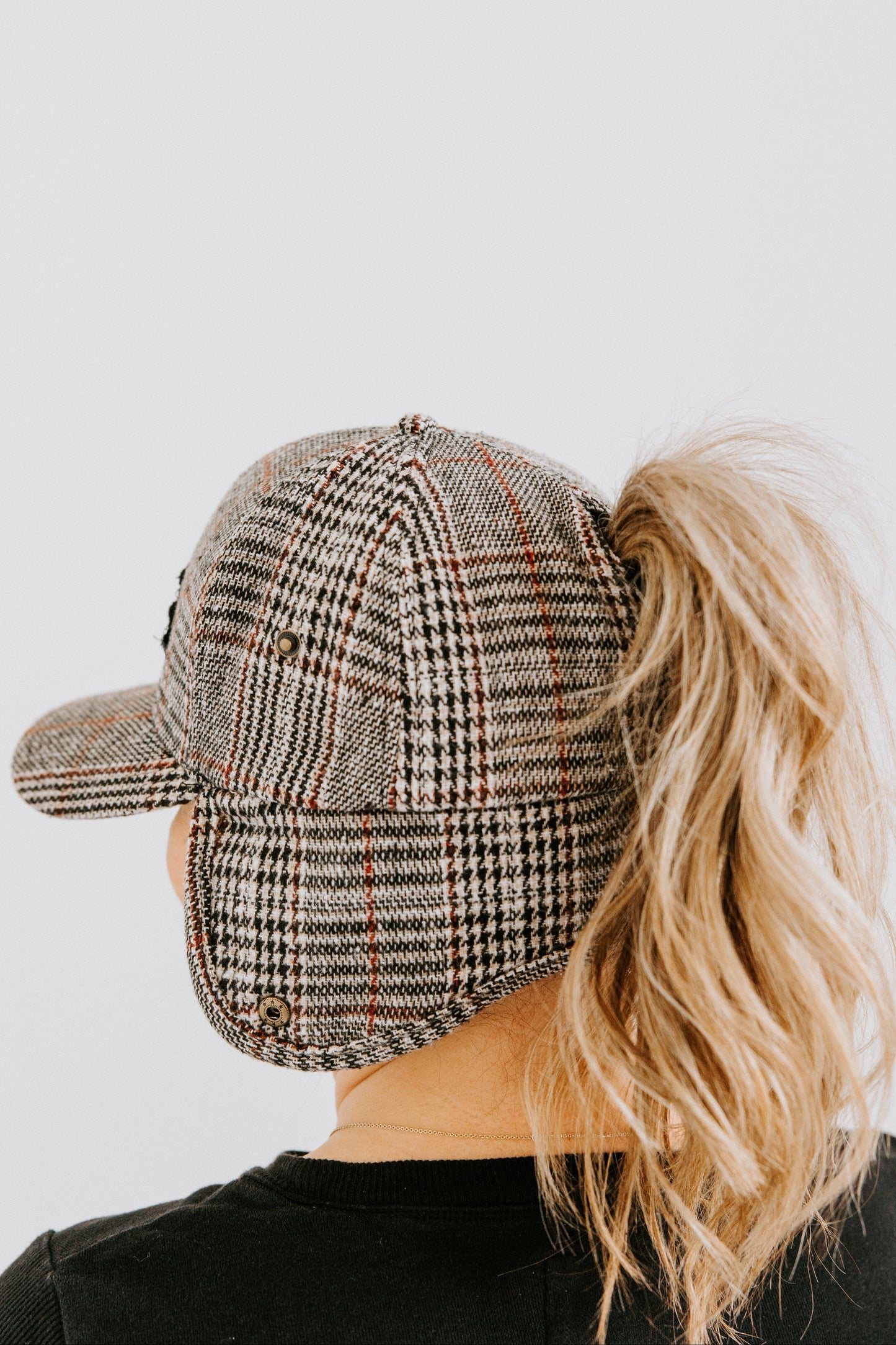 Scarlet Plaid Trapper Hat with Pony-Tail Opening