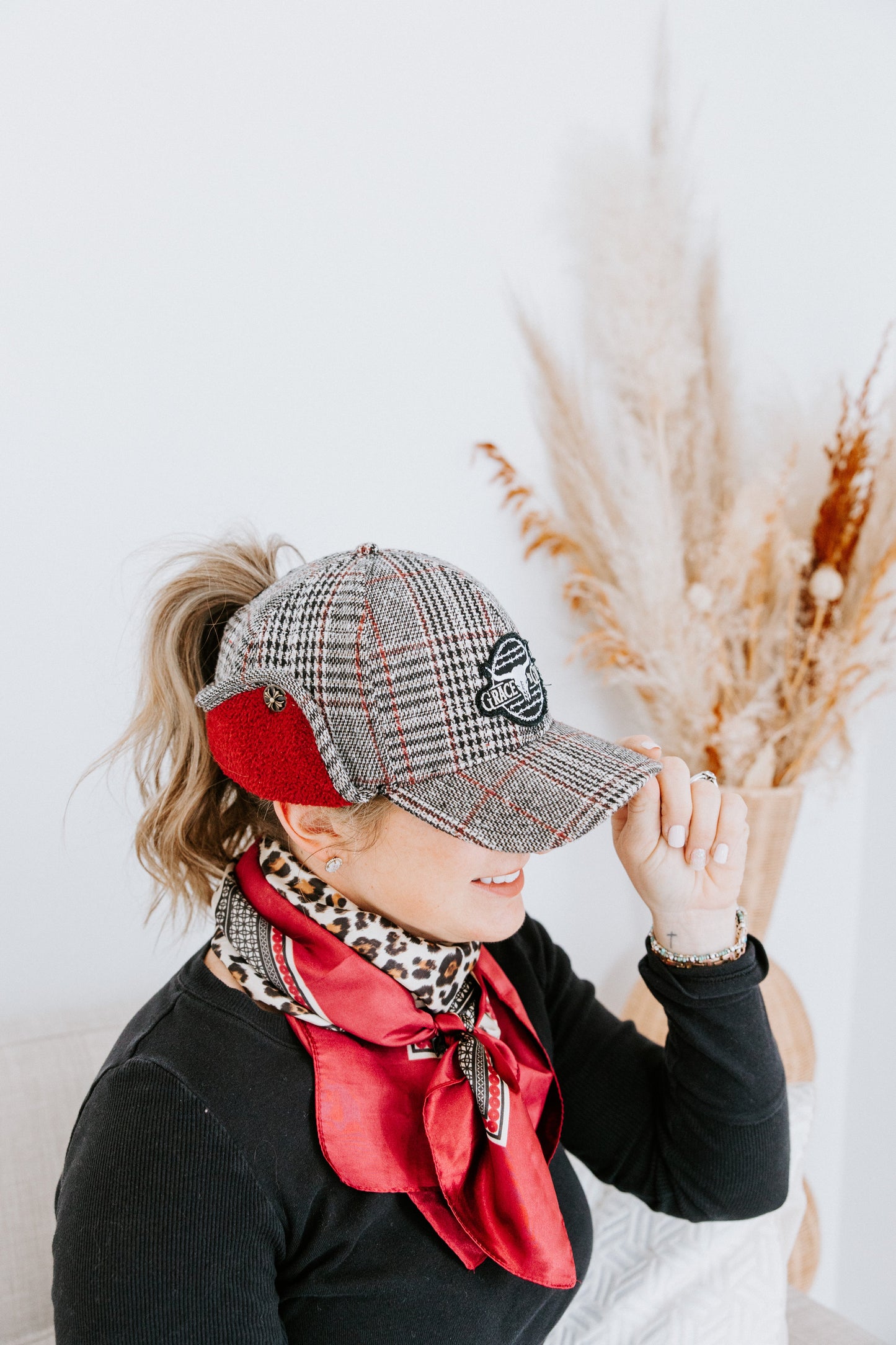 Scarlet Plaid Trapper Hat with Pony-Tail Opening